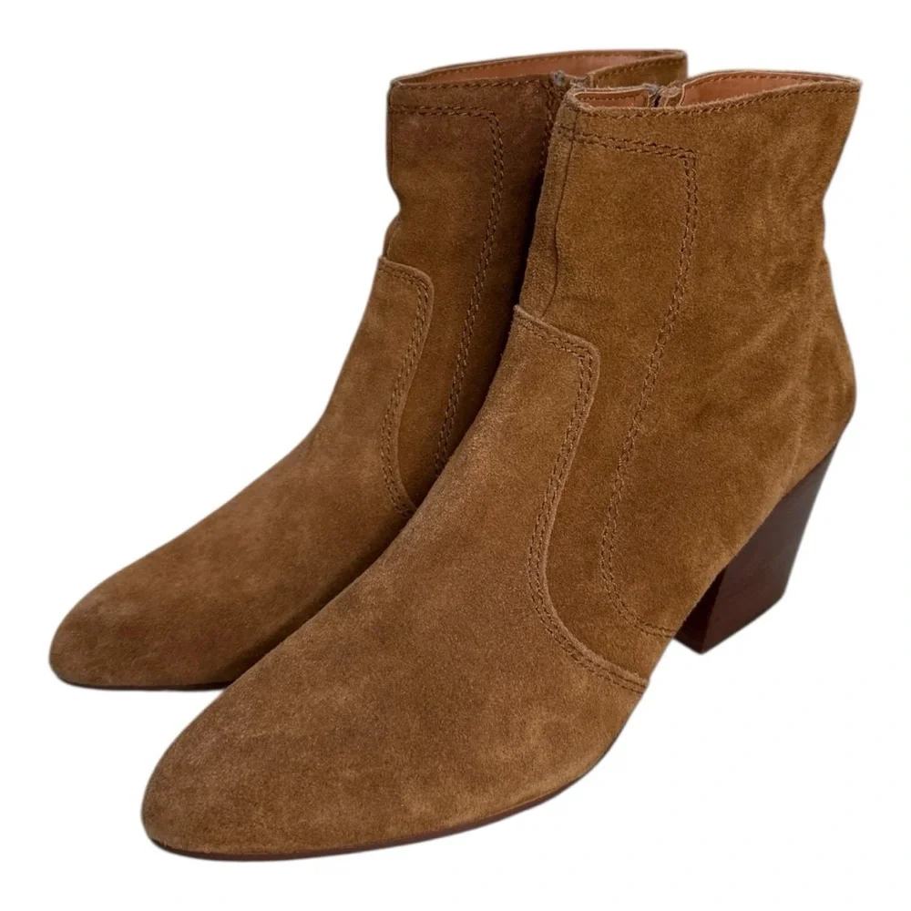 CHELSEA & VIOLET Jane Suede Leather Block Heel Ankle Boots Tan Size 8.5 Western - Picture 3 of 14